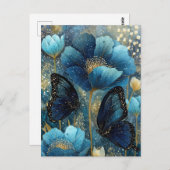Navy Blue and Gold Butterfly with Teal Flower Briefkaart (Voorkant / Achterkant)