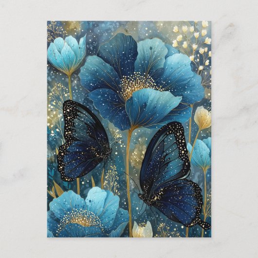 Navy Blue and Gold Butterfly with Teal Flower Briefkaart (Voorkant)
