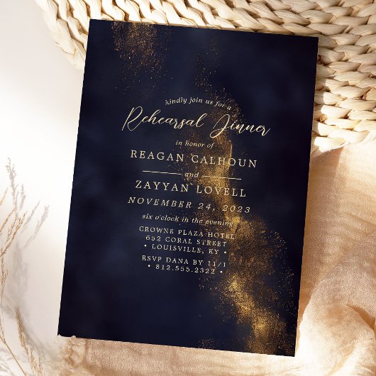 Navy Blue and Gold Calligraphy Rehearsal Dinner Kaart