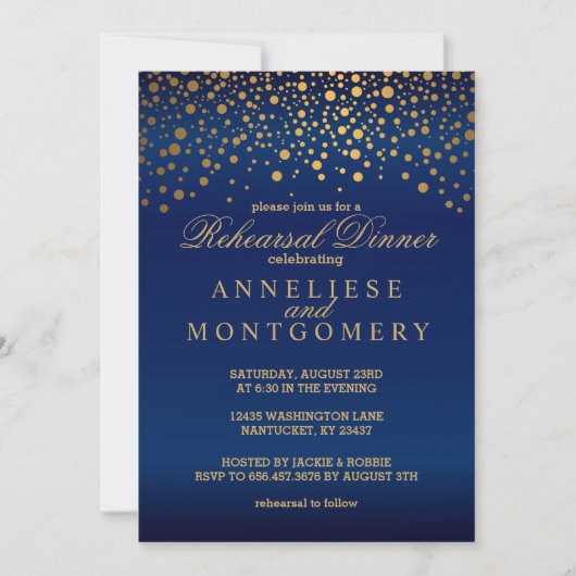 Navy Blue and Gold Confetti repesal Dinner Kaart (Voorkant)
