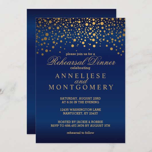 Navy Blue and Gold Confetti repesal Dinner Kaart (Voorkant / Achterkant)