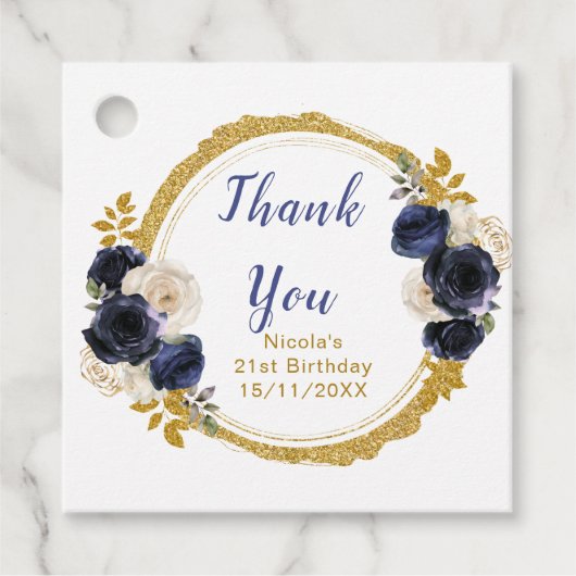 Navy Blue and Gold Elegant Flowers Birthday Bedankjes Labels (Voorkant)