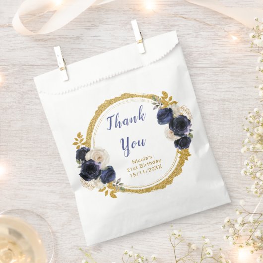 Navy Blue and Gold Elegant Flowers Birthday Bedankzakje (Geknipt)