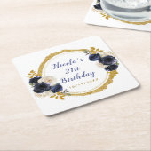 Navy Blue and Gold Elegant Flowers Birthday Kartonnen Onderzetters (Schuin)