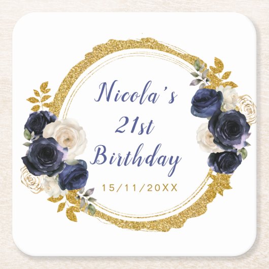Navy Blue and Gold Elegant Flowers Birthday Kartonnen Onderzetters (Voorkant)