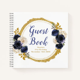 Navy Blue and Gold Elegant Flowers Birthday Party Notitieboek
