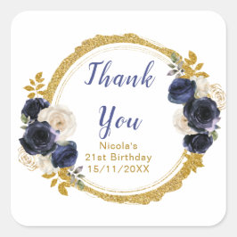 Navy Blue and Gold Elegant Flowers Birthday Vierkante Sticker