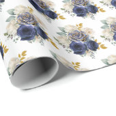Navy Blue and Gold Elegant Flowers  Cadeaupapier (Rol Hoek)