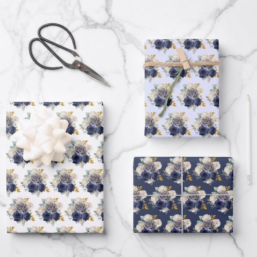 Navy Blue and Gold Elegant Flowers  Inpakpapier Vel (Voorkant)
