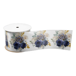 Navy Blue and Gold Elegant Flowers  Satijnen Lint