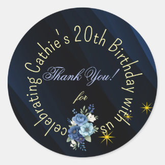 Navy Blue and Gold Floral 20th Birthday Favor Stic Ronde Sticker