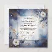 Navy Blue and Gold Floral Wedding  Kaart (Voorkant)