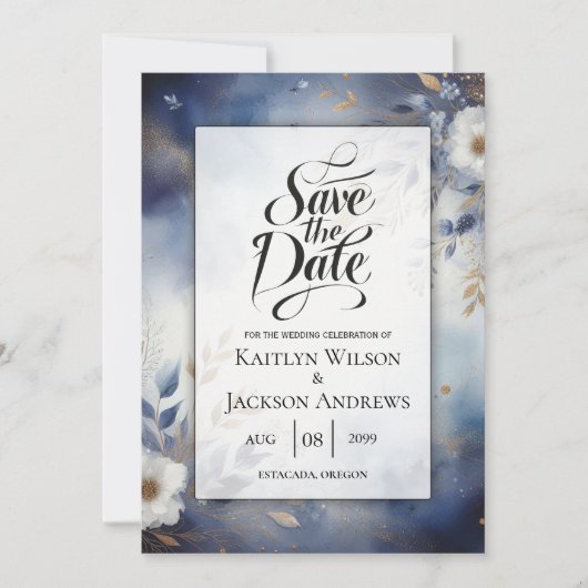Navy Blue and Gold Floral Wedding Save the Date (Voorkant)