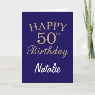 Navy Blue and Gold Glitter 50th Birthday Card Kaart