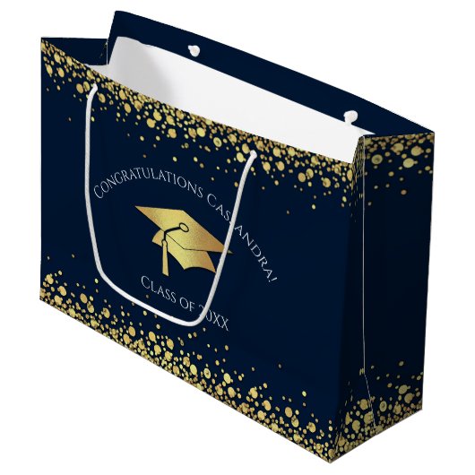 Navy Blue and Gold Graduation Groot Cadeauzakje (Voorkant Gekanteld)