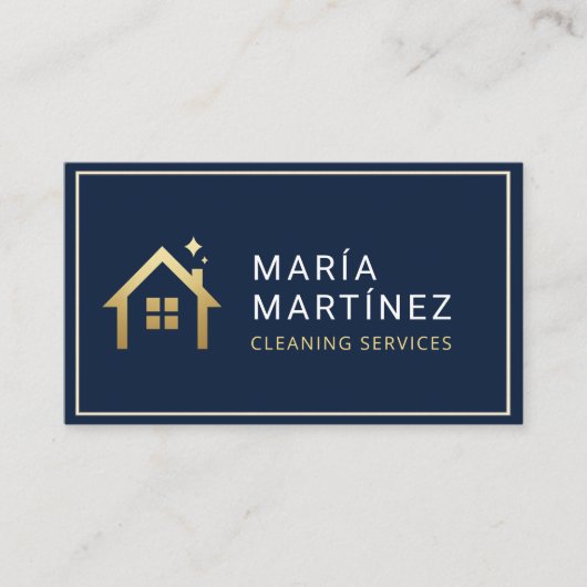 Navy Blue and Gold House Cleaning Services Visitekaartje (Voorkant)