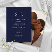 Navy Blue and Gold Monogram Photo Weddenschap Save The Date