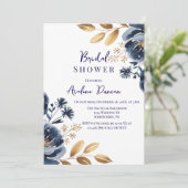 Navy Blue and Gold Peony Bridal Shower Kaart (Staand voorkant)