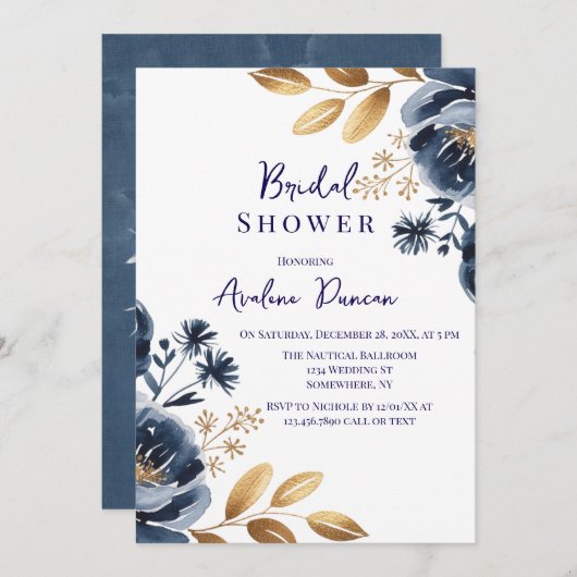 Navy Blue and Gold Peony Bridal Shower Kaart (Voorkant / Achterkant)