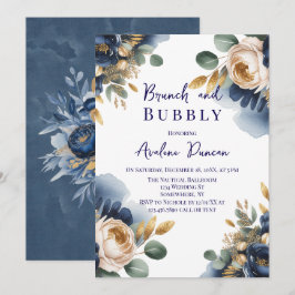 Navy Blue and Gold Peony Brunch and Bubbly Kaart