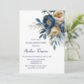 Navy Blue and Gold Peony Flower Bachelorette Party Kaart (Staand voorkant)