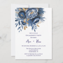 Navy Blue and Gold Peony Flower Engagement Party Kaart