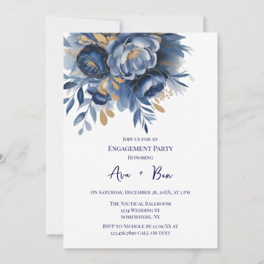 Navy Blue and Gold Peony Flower Engagement Party Kaart (Voorkant)