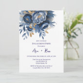 Navy Blue and Gold Peony Flower Engagement Party Kaart (Staand voorkant)