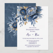 Navy Blue and Gold Peony Flower Engagement Party Kaart (Voorkant / Achterkant)