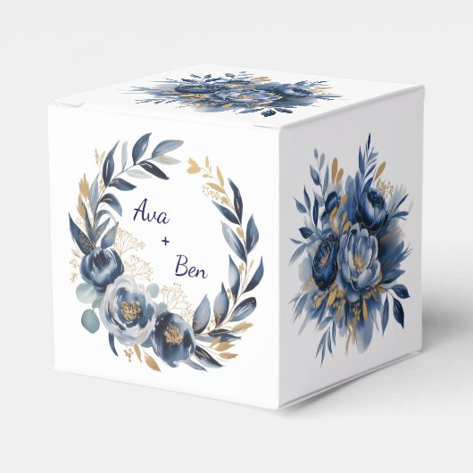 Navy Blue and Gold Peony Flower Wedding Bedankdoosjes (Voorkant Zijde)