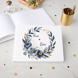 Navy Blue and Gold Peony Flower Wedding Gastenboek