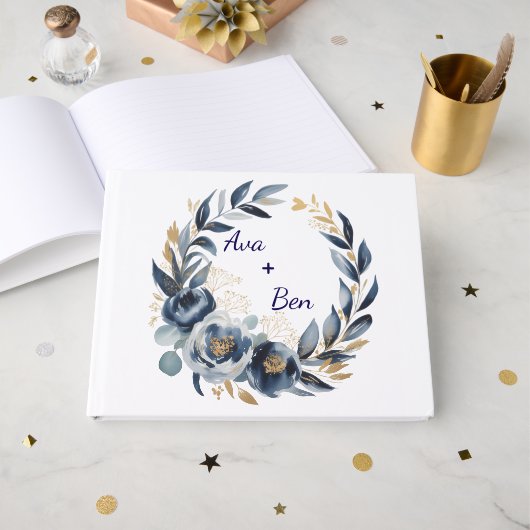 Navy Blue and Gold Peony Flower Wedding Gastenboek (Voorkant open)
