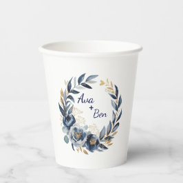 Navy Blue and Gold Peony Flower Wedding Papieren Bekers