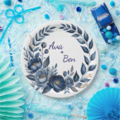 Navy Blue and Gold Peony Flower Wedding Papieren Bordje (Feest)