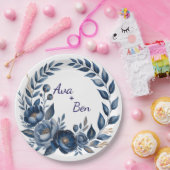 Navy Blue and Gold Peony Flower Wedding Papieren Bordje (Feest)