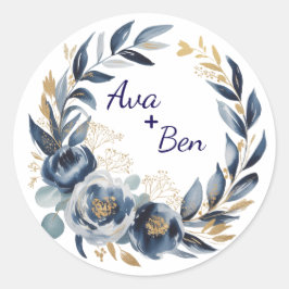Navy Blue and Gold Peony Flower Wedding Ronde Sticker