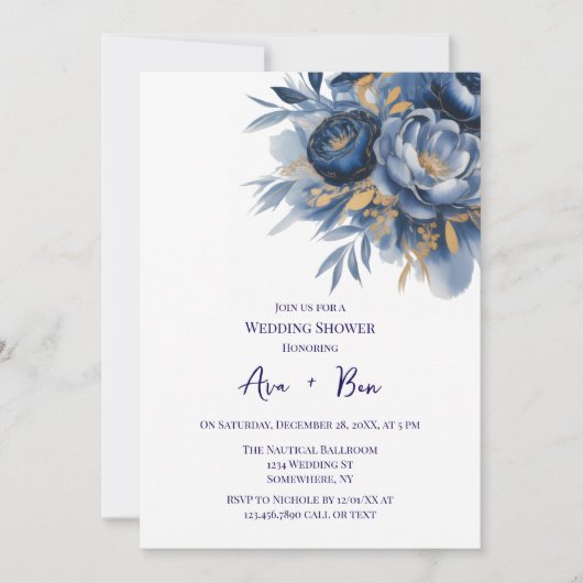 Navy Blue and Gold Peony Flower Wedding Shower Kaart (Voorkant)