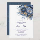 Navy Blue and Gold Peony Flower Wedding Shower Kaart (Voorkant / Achterkant)
