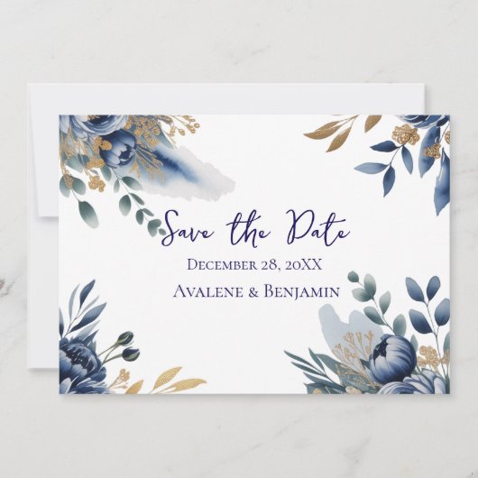 Navy Blue and Gold Peony Wedding Thank You Card (Voorkant)