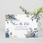 Navy Blue and Gold Peony Wedding Thank You Card (Staand voorkant)