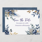 Navy Blue and Gold Peony Wedding Thank You Card (Voorkant / Achterkant)