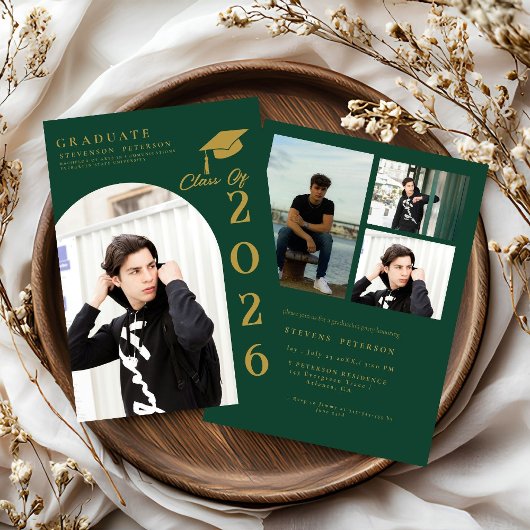 Navy Blue  and Gold Photo Graduation Kaart