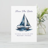 Navy Blue and Gold Sailboat Nautical Wedding Save The Date (Staand voorkant)