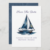 Navy Blue and Gold Sailboat Nautical Wedding Save The Date (Voorkant / Achterkant)