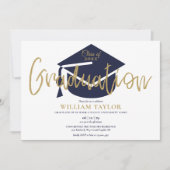 Navy Blue and Gold Script Photo Graduparty Kaart (Voorkant)