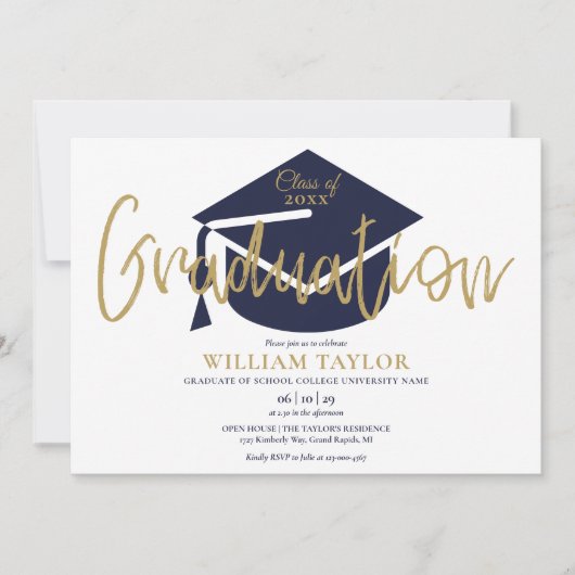Navy Blue and Gold Script Photo Graduparty Kaart (Voorkant)