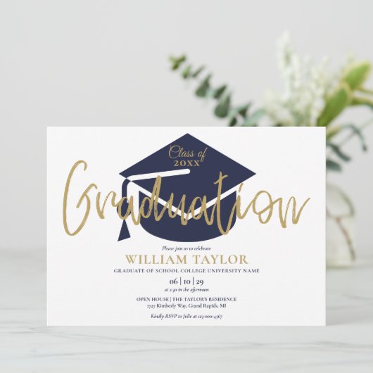 Navy Blue and Gold Script Photo Graduparty Kaart (Staand voorkant)