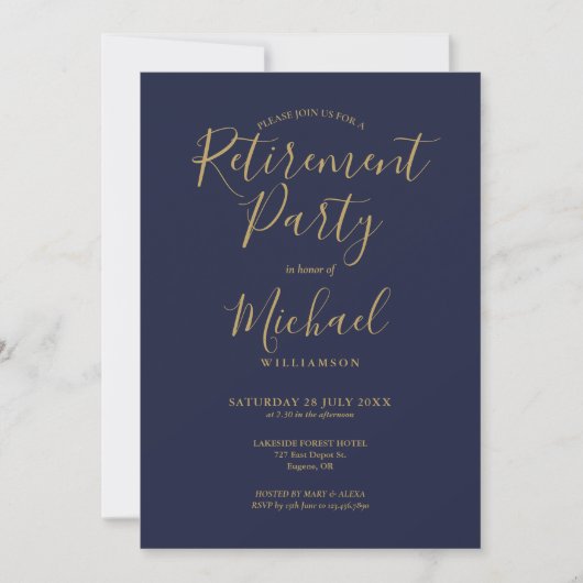 Navy Blue and Gold Script Retirement Party Kaart (Voorkant)