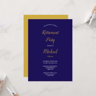 Navy Blue and Gold Script Retirement Party Kaart