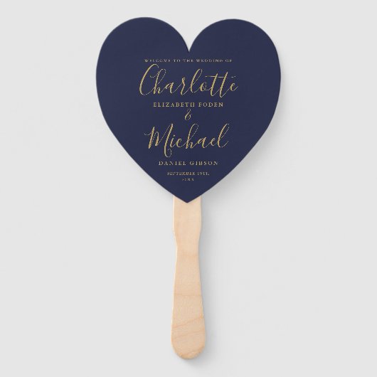 Navy Blue and Gold Script Wedding Program Handwaaier (Voorkant)